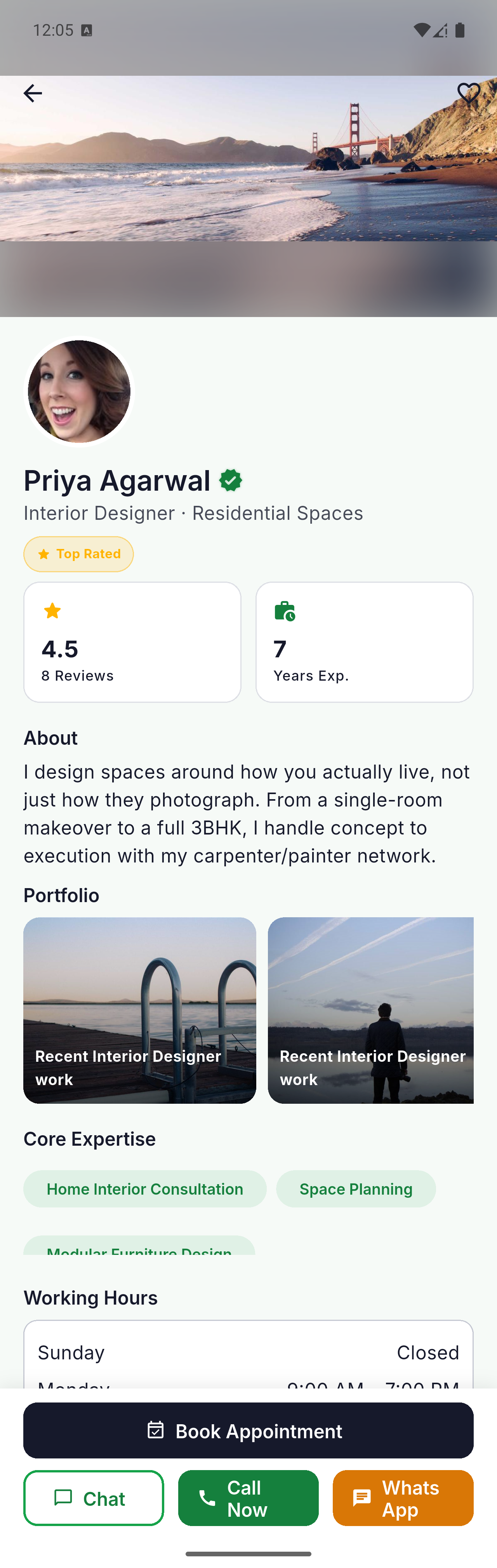 A real GigsDex professional profile, showing rating, experience, about and portfolio