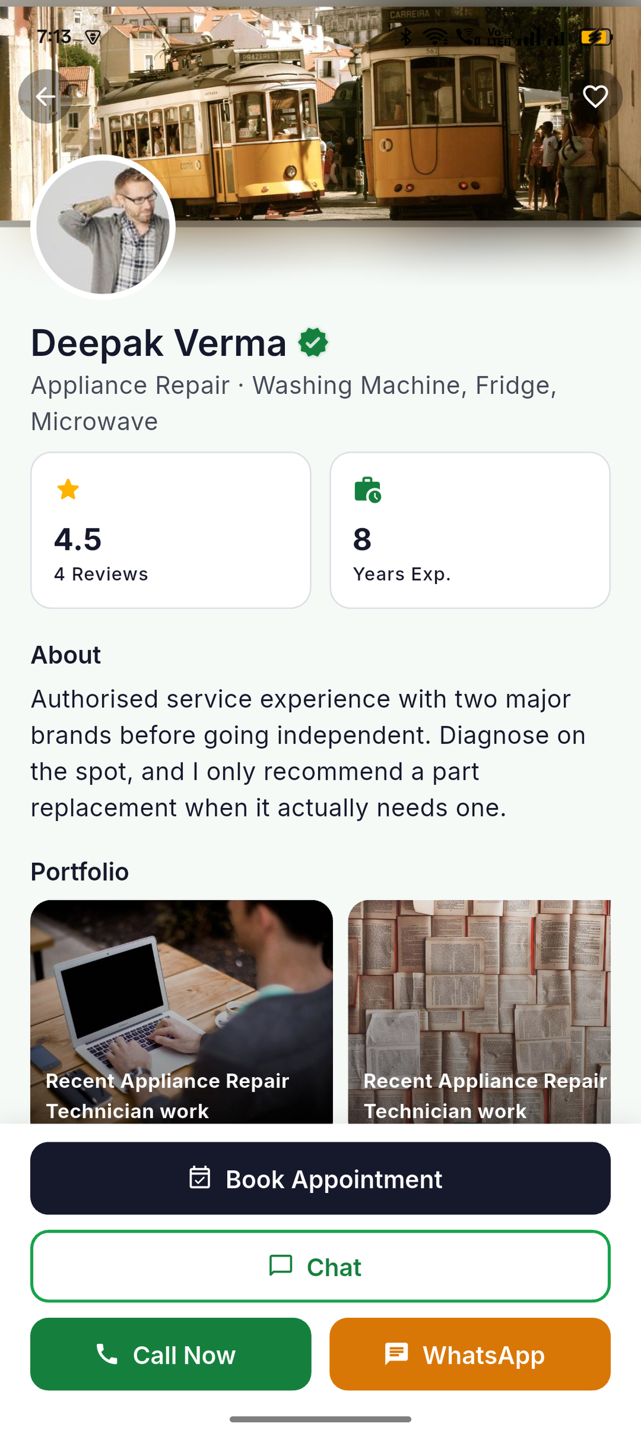 A real GigsDex professional profile, showing rating, experience, about and portfolio